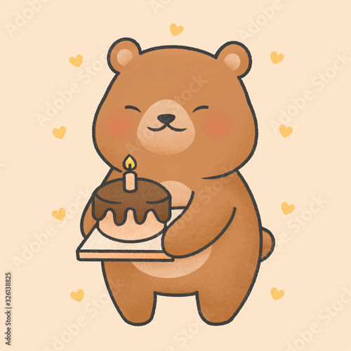 Cute bear with birthday cake cartoon hand drawn style