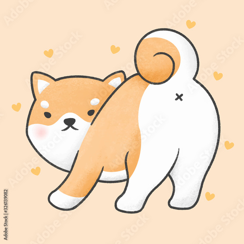 Cute shiba inu dog looking back cartoon hand drawn style