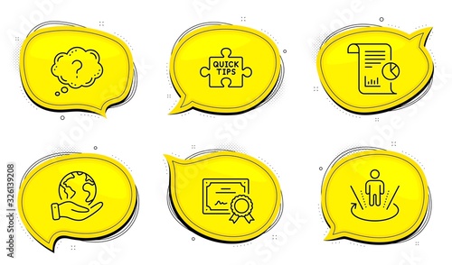 Report sign. Diploma certificate, save planet chat bubbles. Question mark, Augmented reality and Quick tips line icons set. Quiz chat, Virtual reality, Tutorials. Work analysis. Science set. Vector