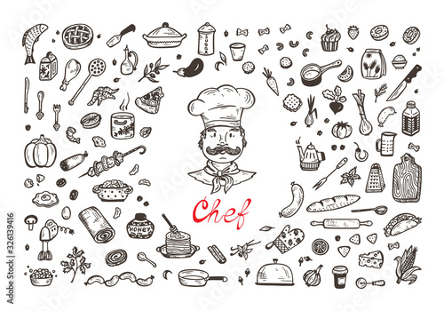 Cooking. Vector Set for menu decoration. Hand drawn doodle Chef, Food and Kitchen utensils.