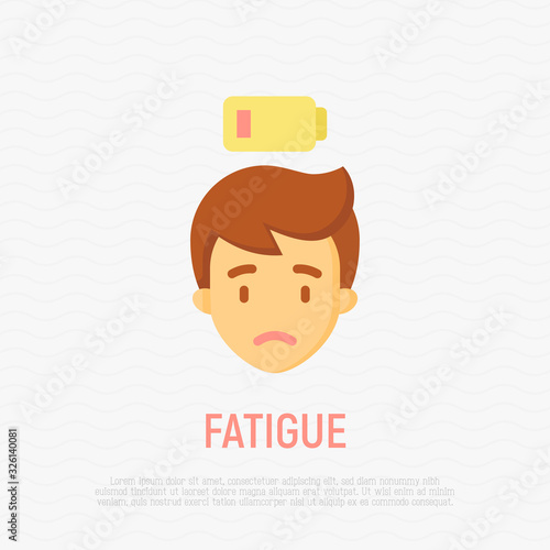 Tired man with low battery, depression, fatigue, weakness. Symptom of disease. Burnout syndrome. Flat icon. Modern vector illustration.
