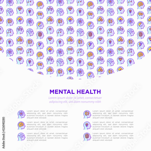 Mental health template with copy space and thin line icons: mental growth, negative thinking, emotional reasoning, logical plan, obsession, inner dialogue, balance, self identity. Vector illustration.