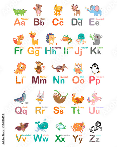 Fototapeta Naklejka Na Ścianę i Meble -  A vector illustration of cute animal alphabet from A to Z