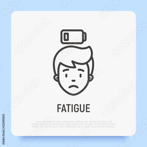 Tired man with low battery, depression, fatigue, weakness. Symptom of disease. Burnout syndrome. Flat icon. Modern vector illustration.