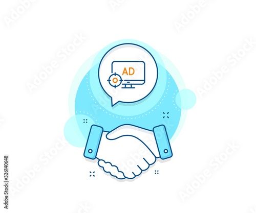 Search engine optimization sign. Handshake deal complex icon. Seo adblock line icon. Target symbol. Agreement shaking hands banner. Seo adblock sign. Vector
