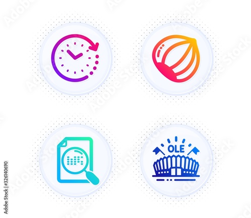 Search file, Time change and Hazelnut icons simple set. Button with halftone dots. Sports arena sign. Find document, Clock, Vegetarian nut. Event stadium. Business set. Vector