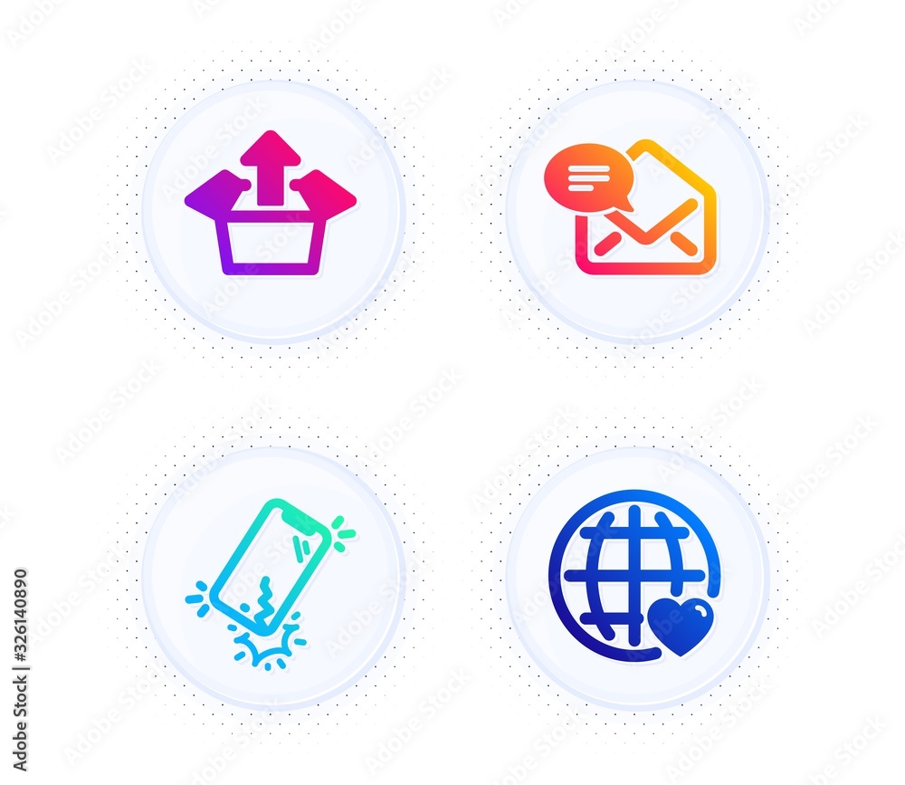 Send box, New mail and Smartphone broken icons simple set. Button with halftone dots. International love sign. Delivery package, Received e-mail, Phone crack. Internet dating. Technology set. Vector