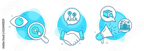 Search package, Hotel and Loyalty star line icons set. Handshake deal, research and promotion complex icons. Ab testing sign. Tracking service, Travel, Bonus reward. Test chart. Business set. Vector