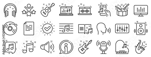 Photographie Set of Acoustic guitar, Musical note, Vinyl record icons