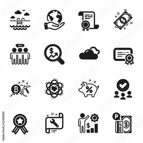 Set of Business icons, such as Atom, Currency audit. Certificate, approved group, save planet. Payment, Swimming pool, Parking payment. Employees wealth, Cloudy weather, Bitcoin mining. Vector