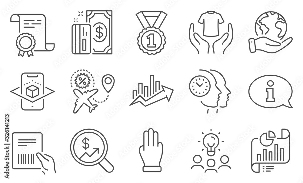Set of Business icons, such as Growth chart, Report document. Diploma, ideas, save planet. Flight sale, Information, Hold t-shirt. Currency audit, Augmented reality, Parcel invoice. Vector Set of Business icons, such as Growth chart, Report document. Diploma, ideas, save planet. Flight sale, Information, Hold t-shirt. Currency audit, Augmented reality, Parcel invoice. Vector