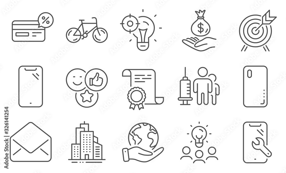 Set of Business icons, such as Income money, Smartphone. Diploma, ideas, save planet. Medical vaccination, Seo idea, Mail. Cashback, Like, Smartphone repair. Vector Set of Business icons, such as Income money, Smartphone. Diploma, ideas, save planet. Medical vaccination, Seo idea, Mail. Cashback, Like, Smartphone repair. Vector