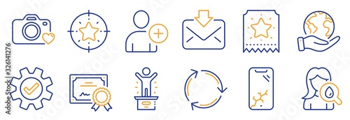 Set of Business icons, such as Moisturizing cream, Star target. Certificate, save planet. Recycling, Add user, Service. Photo camera, Winner podium, Loyalty ticket. Vector