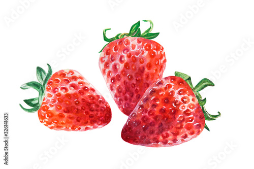 Watercolor red juicy strawberries. Hand drawn food illustration. Fruit print. For postcards, packages, cards, logo, pattern, label, desserts. Summer sweet and bright fruits and berries.