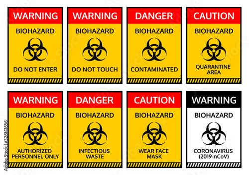 Biohazard warning messages. Do not touch, contaminated, quarantine area, authorized personnel only, infectious waste, wear face mask and coronavirus warning messages. Covid-19 outbreak.