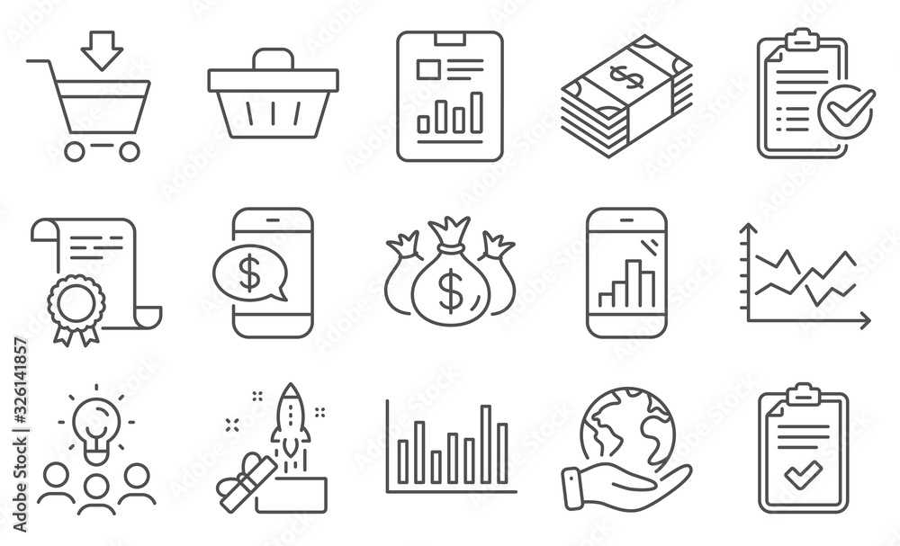 Set of Finance icons, such as Shopping basket, Check investment. Diploma, ideas, save planet. Report document, Graph phone, Checklist. Online market, Bar diagram, Diagram chart. Vector Set of Finance icons, such as Shopping basket, Check investment. Diploma, ideas, save planet. Report document, Graph phone, Checklist. Online market, Bar diagram, Diagram chart. Vector
