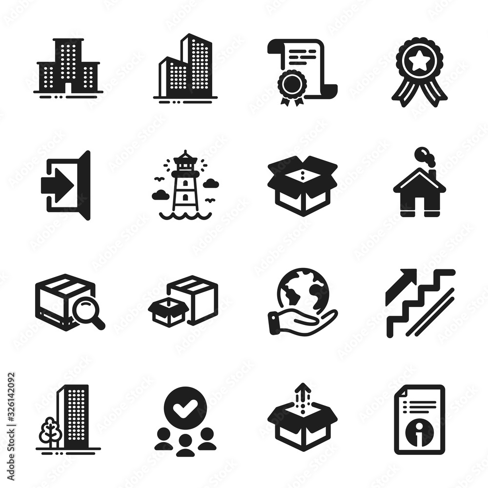 Set of Industrial icons, such as Home, Lighthouse. Certificate, approved group, save planet. Technical info, Buildings, Exit. Skyscraper buildings, Stairs, University campus. Vector Set of Industrial icons, such as Home, Lighthouse. Certificate, approved group, save planet. Technical info, Buildings, Exit. Skyscraper buildings, Stairs, University campus. Vector
