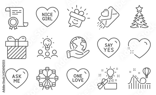 Set of Holidays icons, such as Ask me, Ferris wheel. Diploma, ideas, save planet. Christmas tree, Surprise, Love letter. Heart, One love, Creative idea. Smile, Nice girl, Roller coaster. Vector