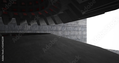 Abstract architectural concrete interior with discs. 3D illustration and rendering.
