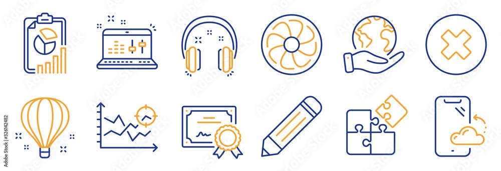 Set of Technology icons, such as Close button, Air balloon. Certificate, save planet. Puzzle, Report, Headphones. Fan engine, Smartphone cloud, Seo analysis. Pencil, Sound check line icons. Vector Set of Technology icons, such as Close button, Air balloon. Certificate, save planet. Puzzle, Report, Headphones. Fan engine, Smartphone cloud, Seo analysis. Pencil, Sound check line icons. Vector