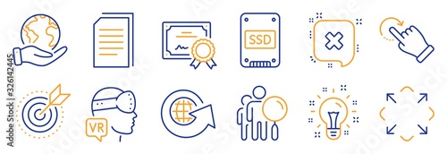 Set of Technology icons, such as Augmented reality, Rotation gesture. Certificate, save planet. Reject, Ssd, World globe. Idea, Copy files, Maximize. Target purpose, Search people line icons. Vector