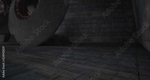 Abstract architectural concrete interior with discs. 3D illustration and rendering.
