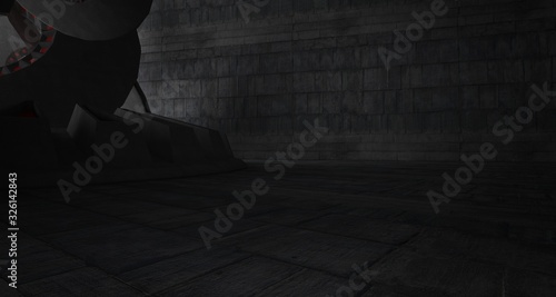 Abstract architectural concrete interior with discs. 3D illustration and rendering.