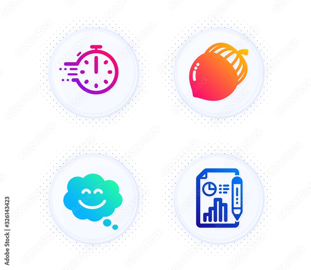 Smile chat, Acorn and Cooking timer icons simple set. Button with halftone dots. Report document sign. Happy face, Oaknut, Stopwatch. Growth chart. Business set. Gradient flat smile chat icon. Vector