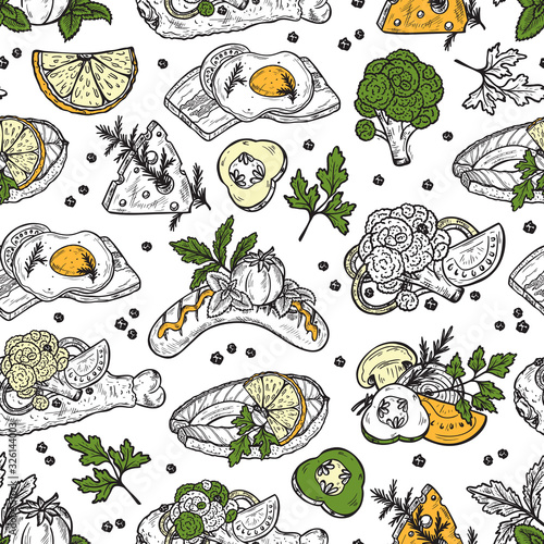 Food Seamless background. Hand Drawn Sketch Snacks: Sausages, Fried chicken, Scrambled eggs with bacon, Fish, Cheese and Vegetables.