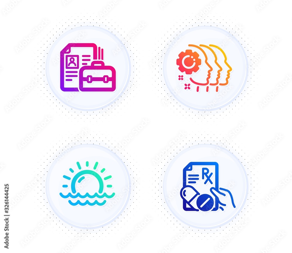 Sunset, Employees teamwork and Vacancy icons simple set. Button with halftone dots. Prescription drugs sign. Sunny weather, Collaboration, Hiring job. Pills. Science set. Vector