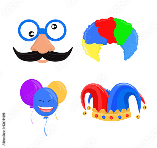 1 April fool day icons set. Cartoon funny april fools celebration. Flat vector illustration