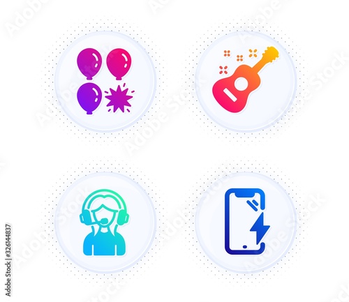 Support, Guitar and Balloon dart icons simple set. Button with halftone dots. Smartphone charging sign. Call center, Acoustic instrument, Attraction park. Phone battery. Business set. Vector