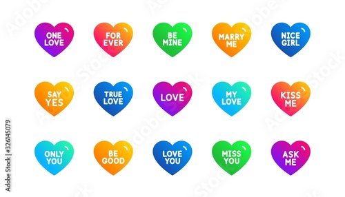 Sweetheart for valentines day, love heart, romantic message. Sweet heart icons. Marry me, kiss me, true love icons. Valentine flirt, dating message. Classic set. Gradient patterns. Vector