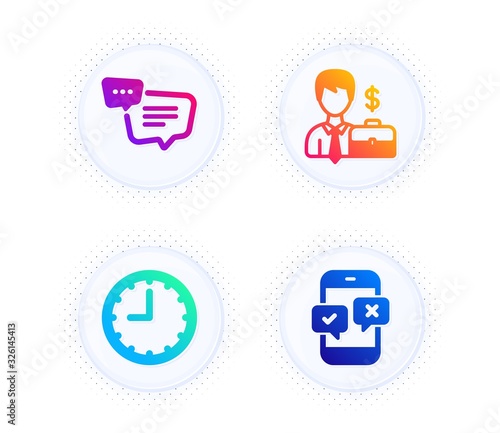 Text message, Businessman case and Time icons simple set. Button with halftone dots. Phone survey sign. Chat bubble, Human resources, Office clock. Mobile quiz test. Business set. Vector