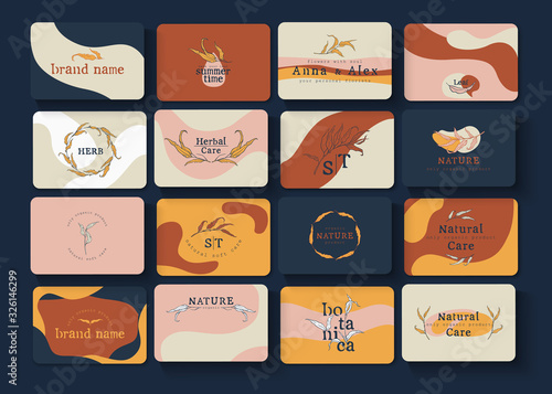 Set of logos with leaves. Template for the design of business cards, posters, banners, stamps and labels for florists, organic products, artists. Terracotta and navy blue.