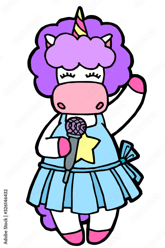 Jpeg illustration. Hand drawing. Cartoon singer unicorn. Curly purple mane. Star Isolated on white. Cute character. The original print.