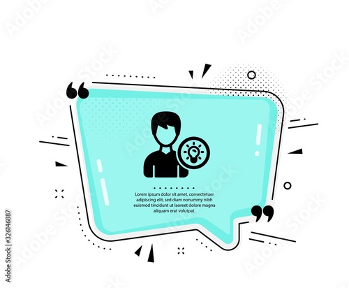 User icon. Quote speech bubble. Profile with Lamp bulb sign. Male Person silhouette with idea symbol. Quotation marks. Classic person idea icon. Vector