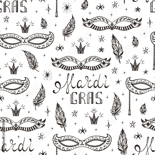 Celebration Carnival Seamless pattern. Mardi Gras Party. Hand drawn Mardi Gras lettering with Venetian masquerade mask, feathers and stars. Holiday Vector background