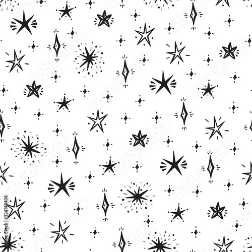 Stars Seamless Pattern. Starry Space Sky Vector Festive Wallpaper. Vector Holiday or Birthday Black and White Background.