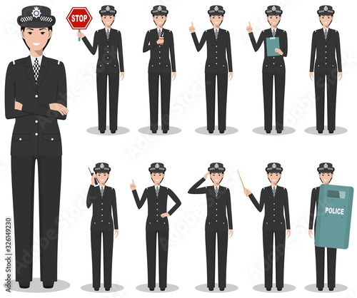 Police people concept. Detailed illustration of british policewoman in traditional uniform standing in different poses in flat style isolated on white background. Flat design people characters. Vector