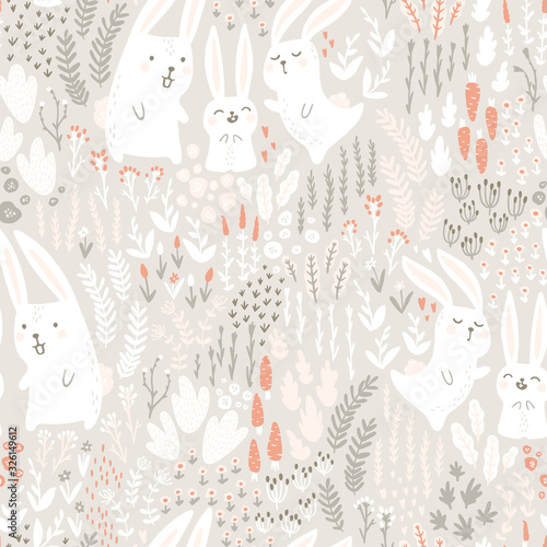 A family of white rabbits hares in flowers and herbs in beige tones. Vector seamless pattern. Cute animals in a childish cartoon hand-drawn Scandinavian style. For packaging, textile, fabric