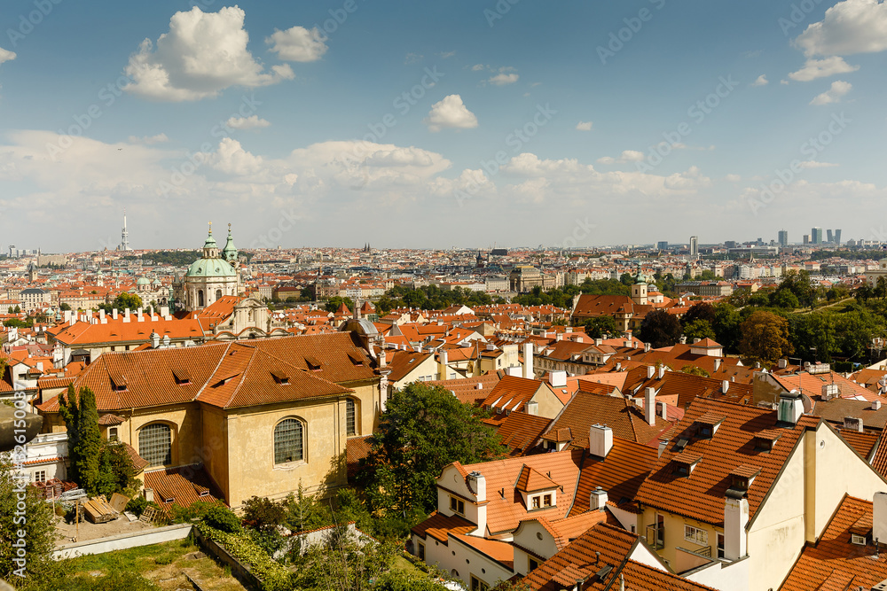 Panorama of the old town of Prague at sunset