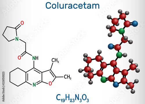 Coluracetam, BCI-540,  C19H23N3O3 molecule. It is is a nootropic agent of the racetam family. Structural chemical formula and molecule model