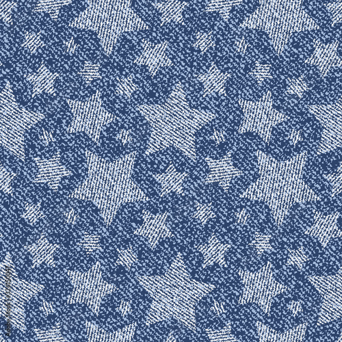 Jeans background with stars. Vector Denim seamless pattern. Blue jeans fabric.