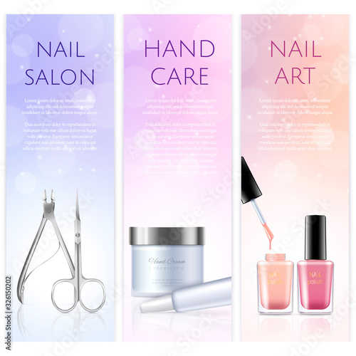 Vertical beauty banners of pedicure and manicure salon elements. Colorful realistic vector illustration 
