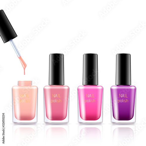 Vector illustration set of a color nail polish. Isolated realistic glass bottles on white background