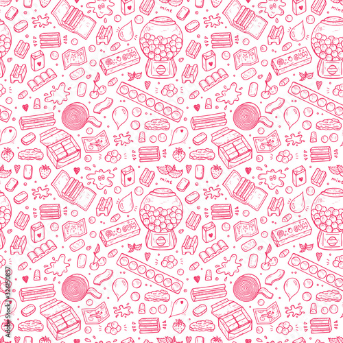 Bubble Gum Seamless pattern. Hand Drawn Doodle Chewing Gums and Candy. Sweets Pink background. Vector illustration