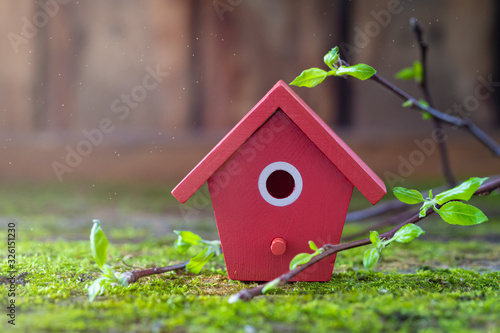Miniature red wooden bird house, tree branches with fresh leaves, spring Easter background. © Ekaterina Senyutina