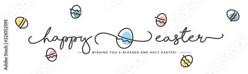 Happy Easter handwritten typography lettering text line design colorful eggs isolated white background banner