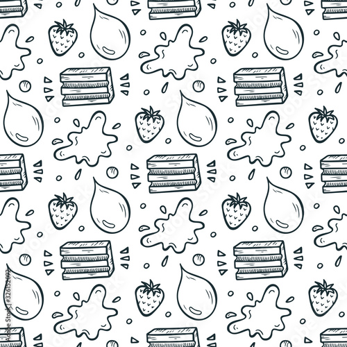 Sweets. Strawberry Bubble Gum Seamless pattern. Hand Drawn Doodle Chewing Gums. Black and White Vector illustration